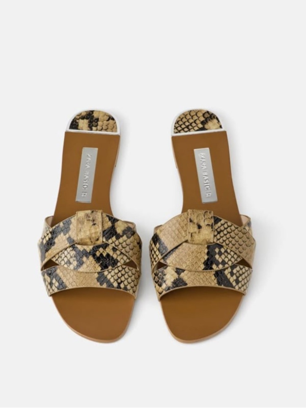 Zara Tan Snake-Print Slide Sandals
